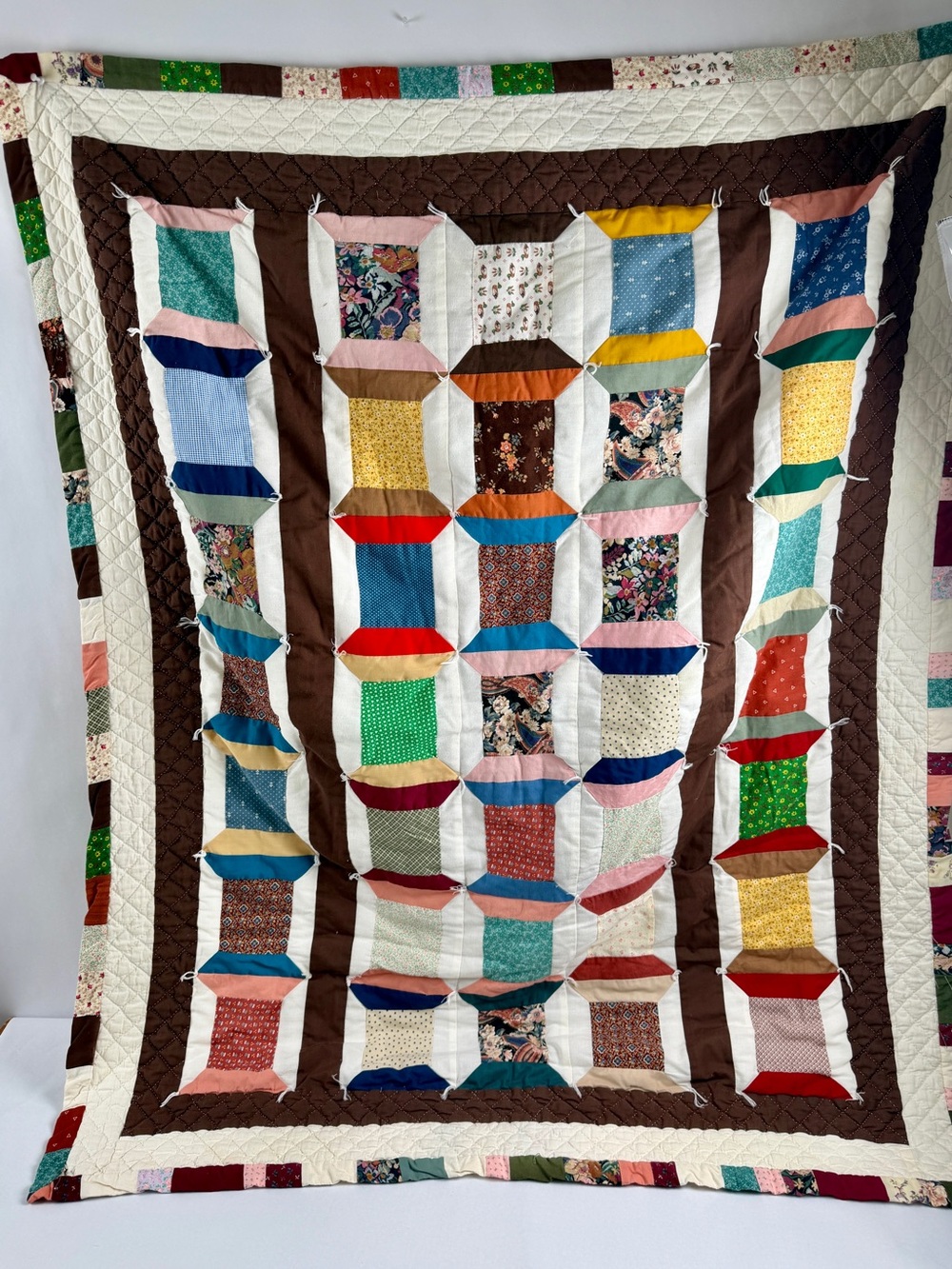 Vintage Bright Patchwork Quilt Hand Quilted Cotton USA 1992 Folk Art 41x51